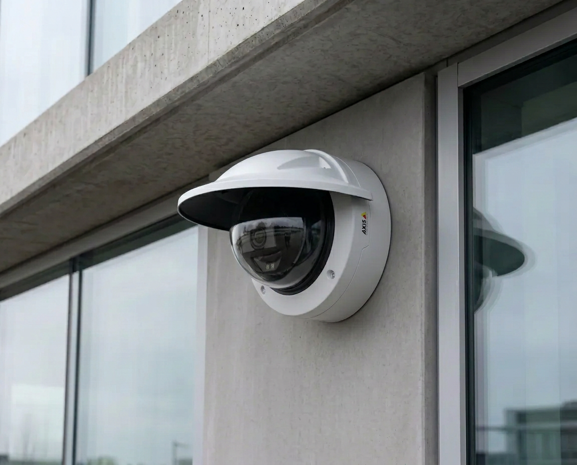 Caméra de surveillance AXIS murale intégrée à un bâtiment commercial