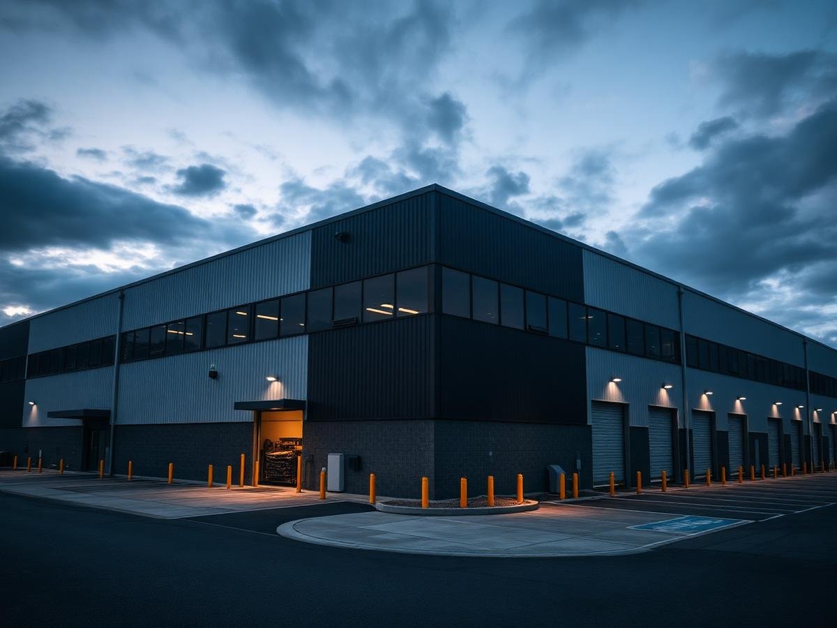 Entrepôt commercial avec caméras de surveillance au crépuscule