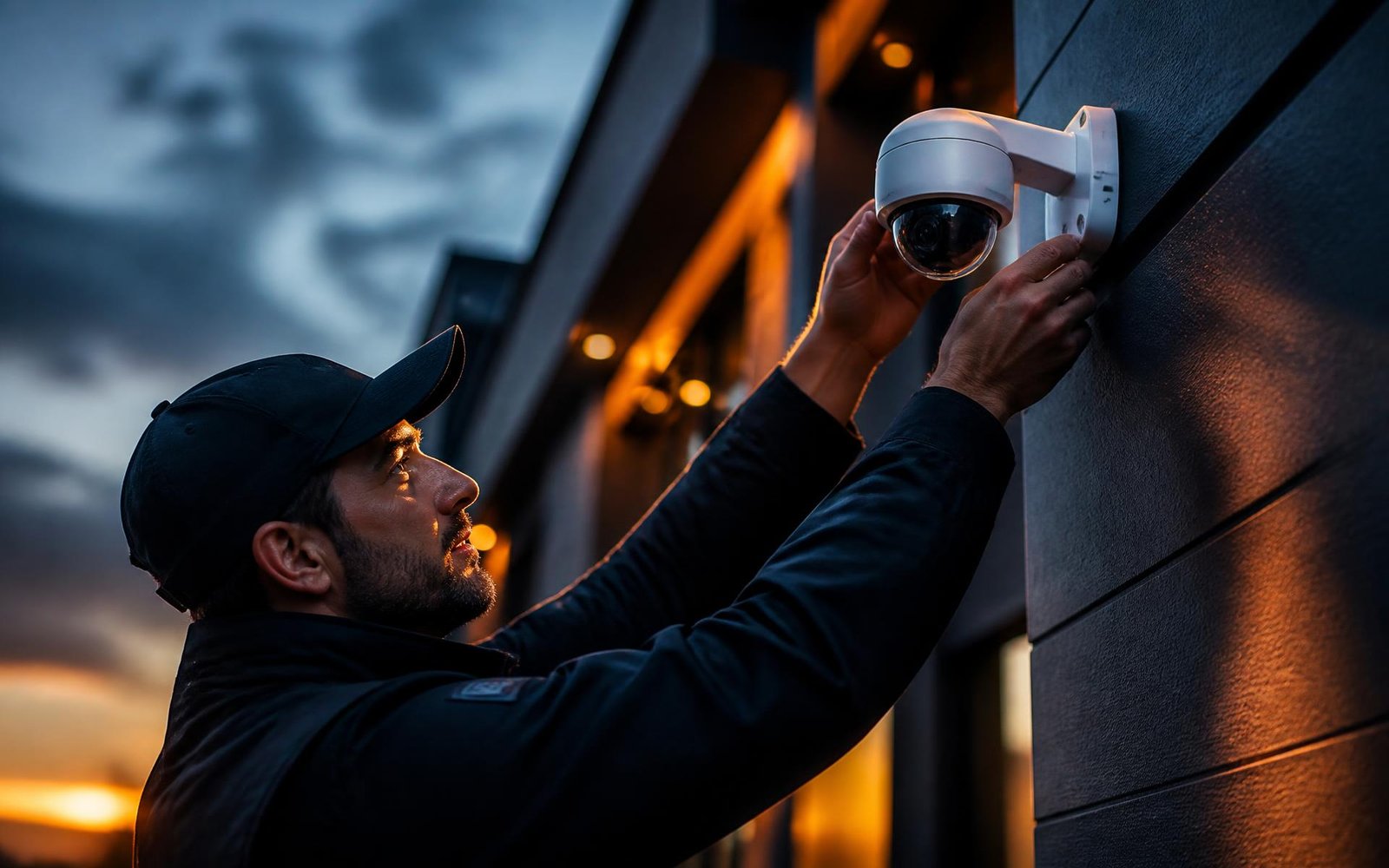 Technicien installant une caméra de sécurité sur un bâtiment moderne au crépuscule