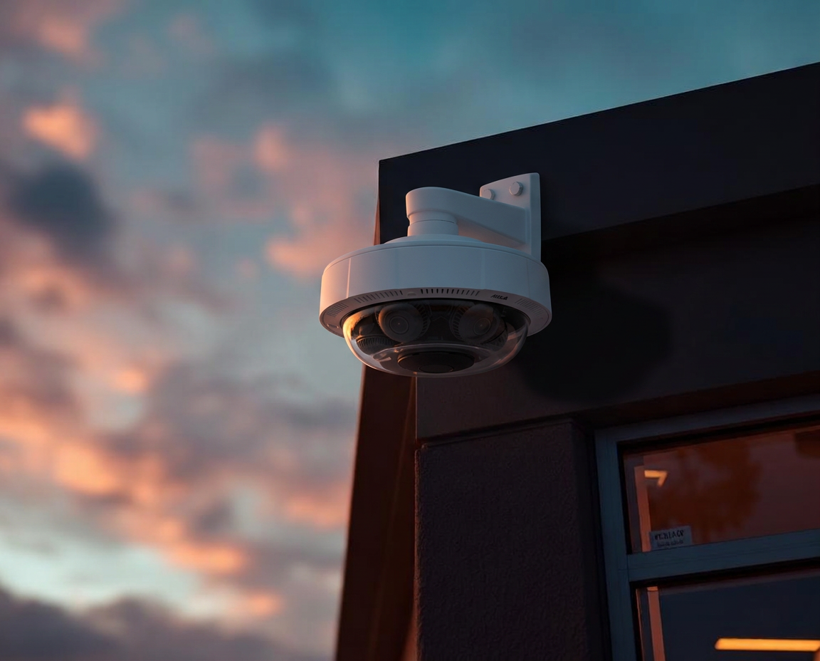 Caméra AXIS à quatre têtes surveillant un site industriel et multi-sites au crépuscule