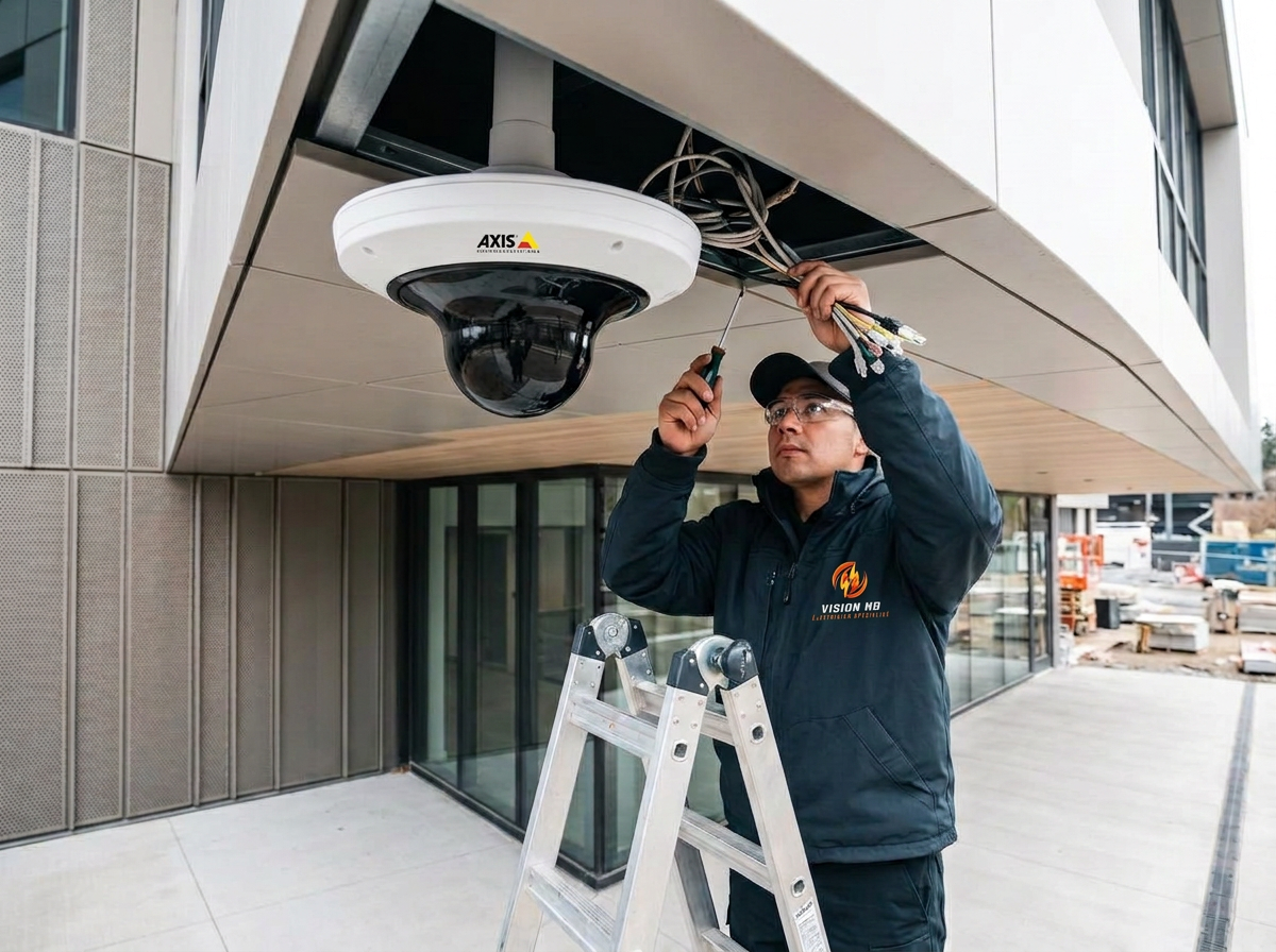 Technicien installant une caméra de sécurité sur un bâtiment commercial