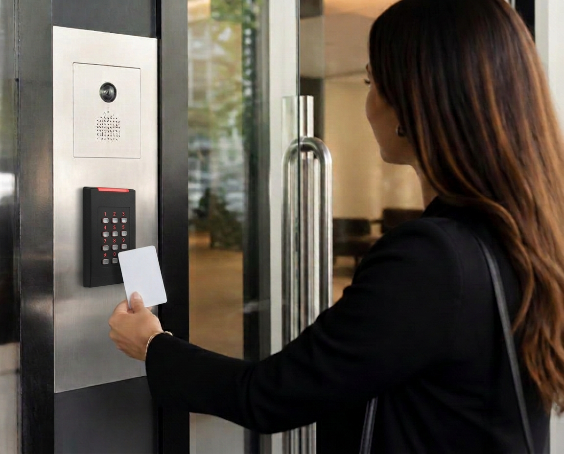 Femme utilisant un lecteur de contrôle d'accès à une entrée commerciale