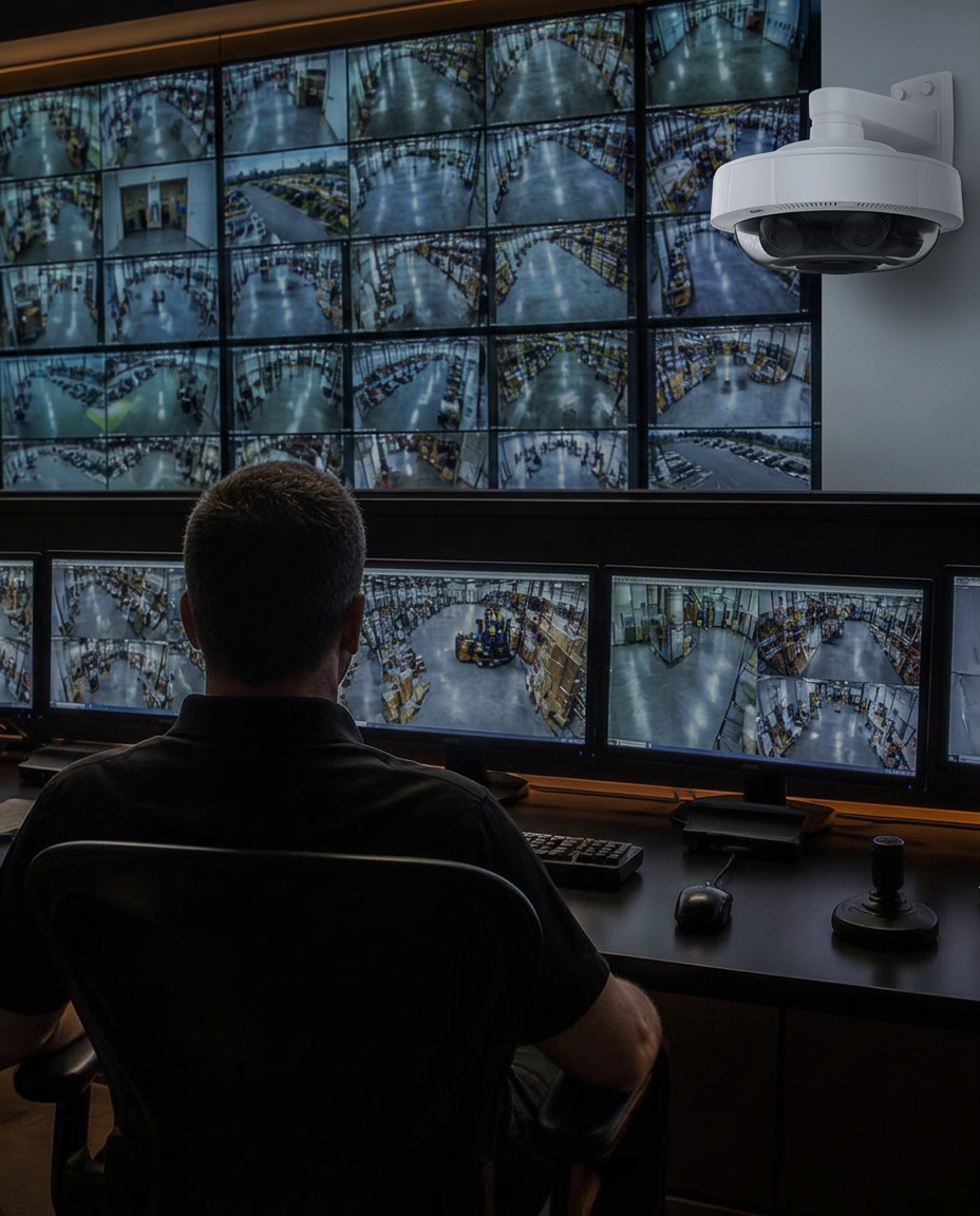 Caméra AXIS à quatre têtes intégrée à une salle de contrôle de vidéosurveillance